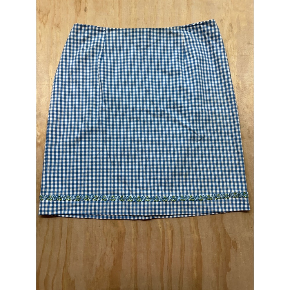 Talbots Petites Blue Gingham Check Mini Skirt Floral Trim Stretch Size 12P